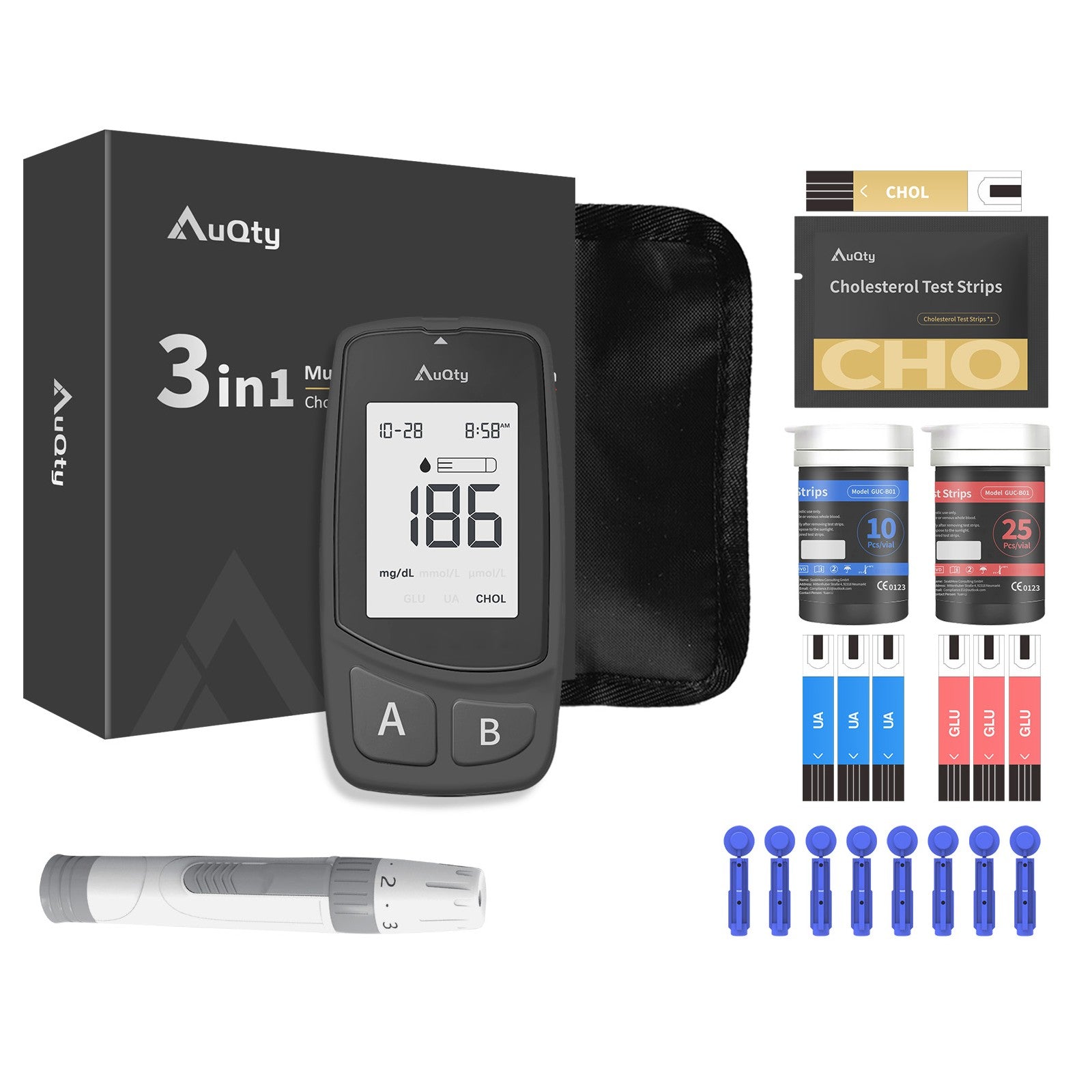 3-in-1 Blood Glucose, Cholesterol & Uric Acid Meter with Test Strips & Lancets