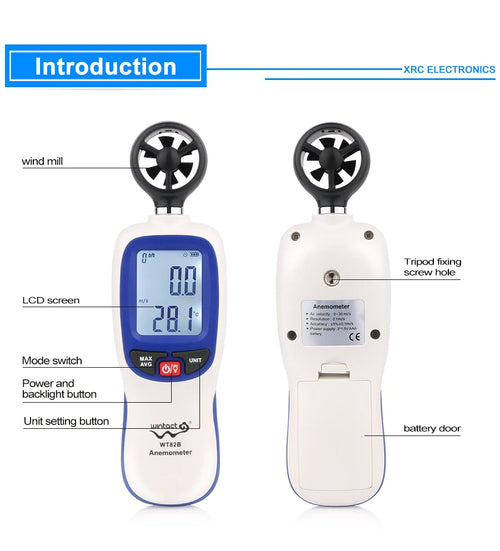 Digital Anemometer Wind Speed & Temperature Meter Air Flow Bluetooth WT82B