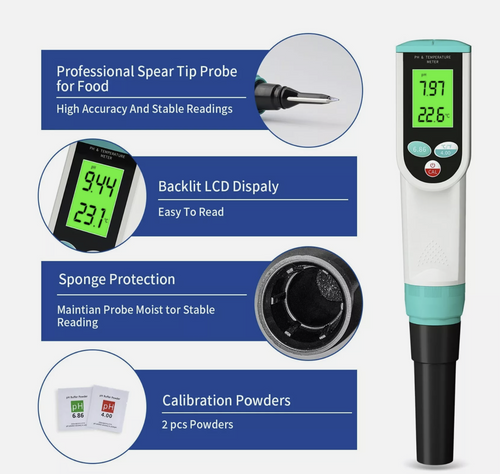 PH Meter Spear Tip Reads 0.00~14.00pH Temp ATC Test Meat Cheese Soil Creams