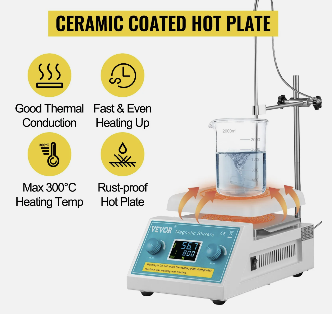 Magnetic Stirrer Hot Plate Stirring 2L Lab 0 to 300℃ 200-2000 RPM 500W Heating