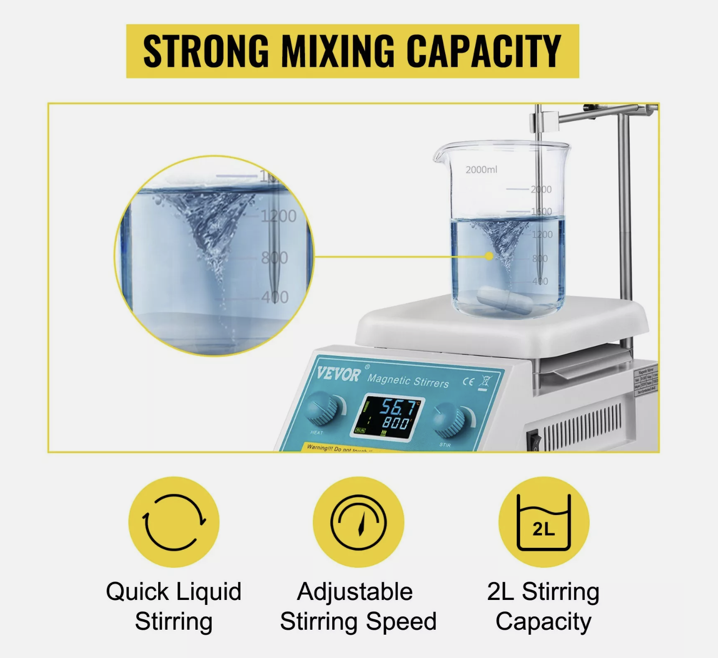 Magnetic Stirrer Hot Plate Stirring 2L Lab 0 to 300℃ 200-2000 RPM 500W Heating