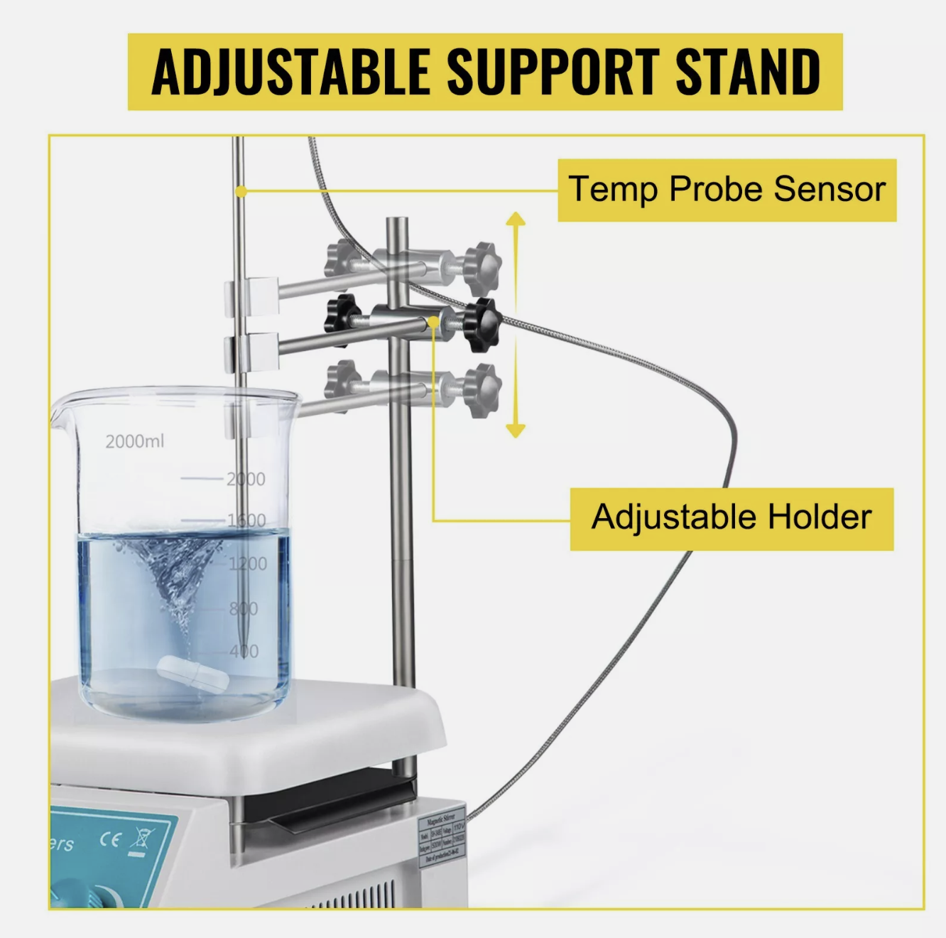 Magnetic Stirrer Hot Plate Stirring 2L Lab 0 to 300℃ 200-2000 RPM 500W Heating