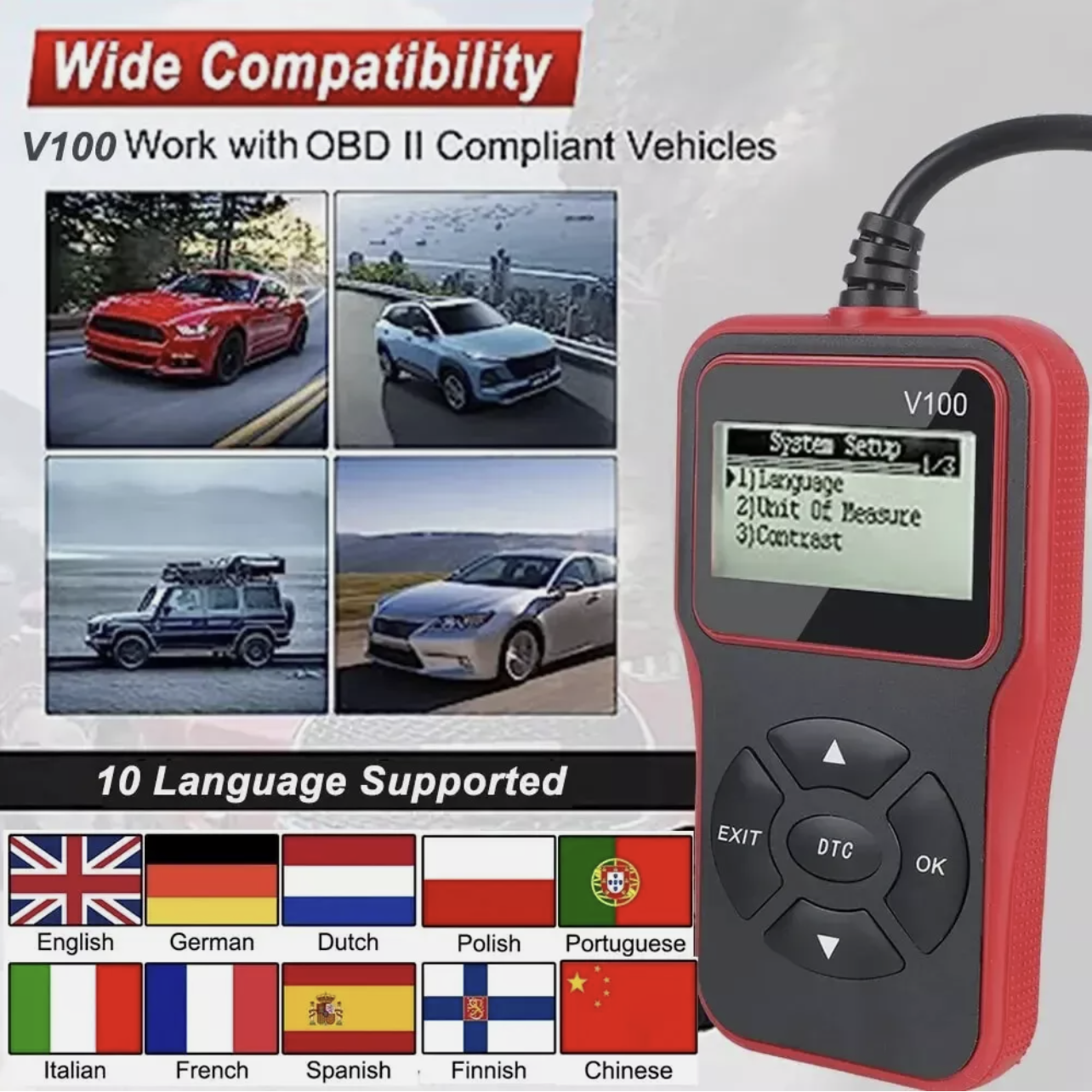 V100 OBD2 EOBD Code Reader Car Diagnostic Tool Digital Display Universal 12V 16