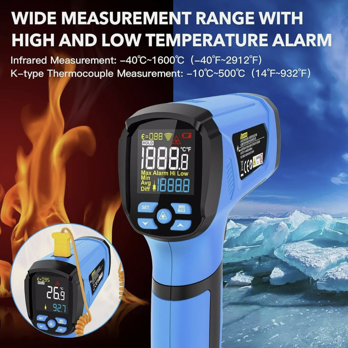 Infrared Thermometer -50 - 1600C High Temperature Non-Contact IR Temp Meter