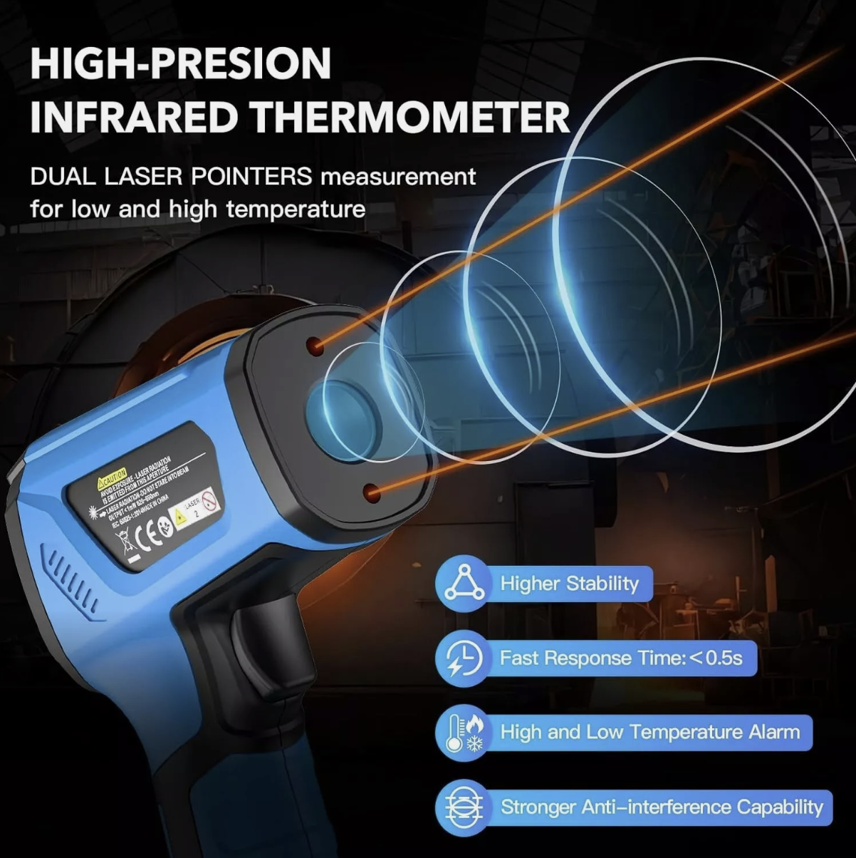 Infrared Thermometer -50 - 1600C High Temperature Non-Contact IR Temp Meter