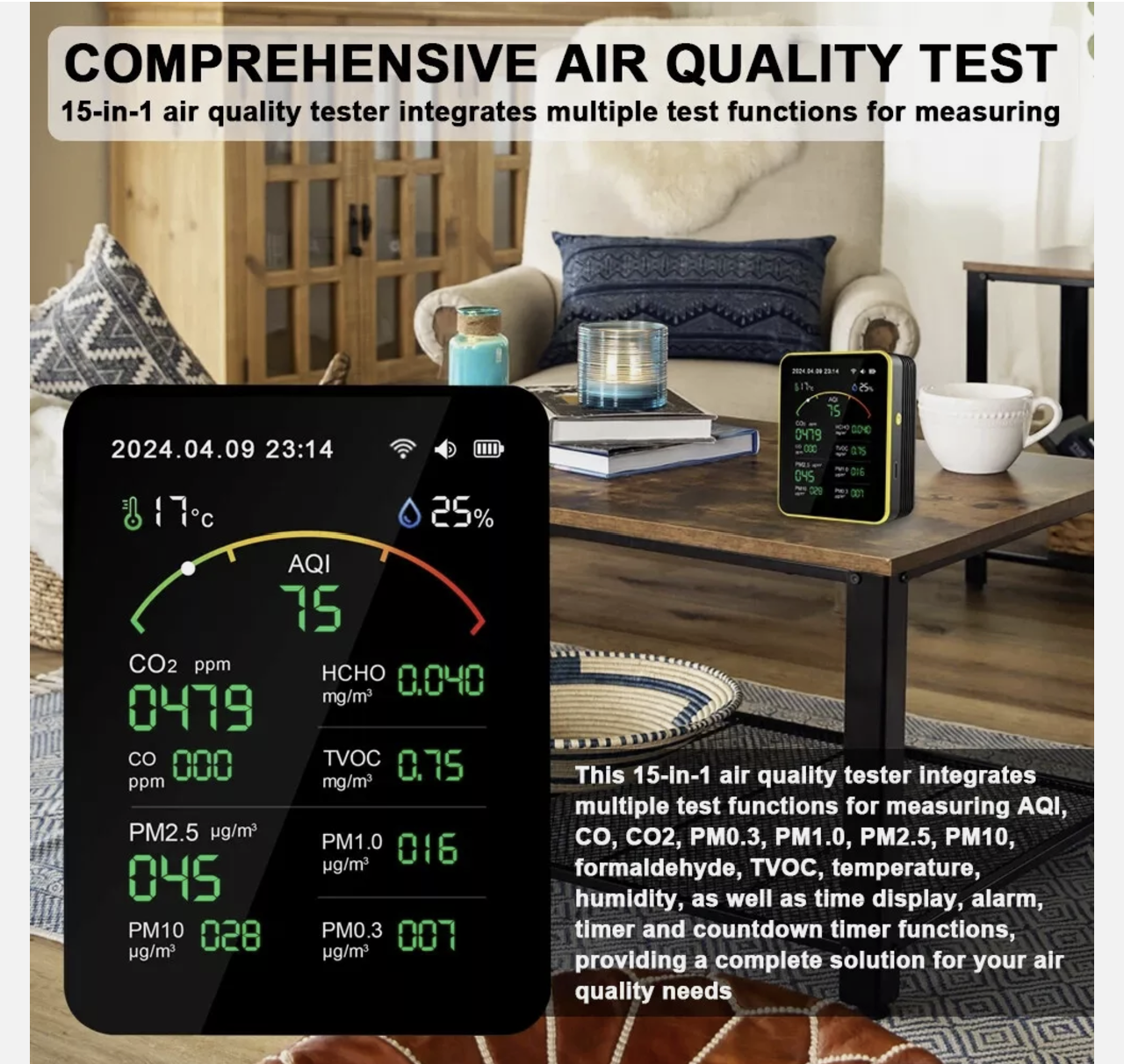 AQI CO CO2 PM0.3 PM1.0 PM2.5 PM10 Formaldehyde TVOC Temperature Humidity Meter