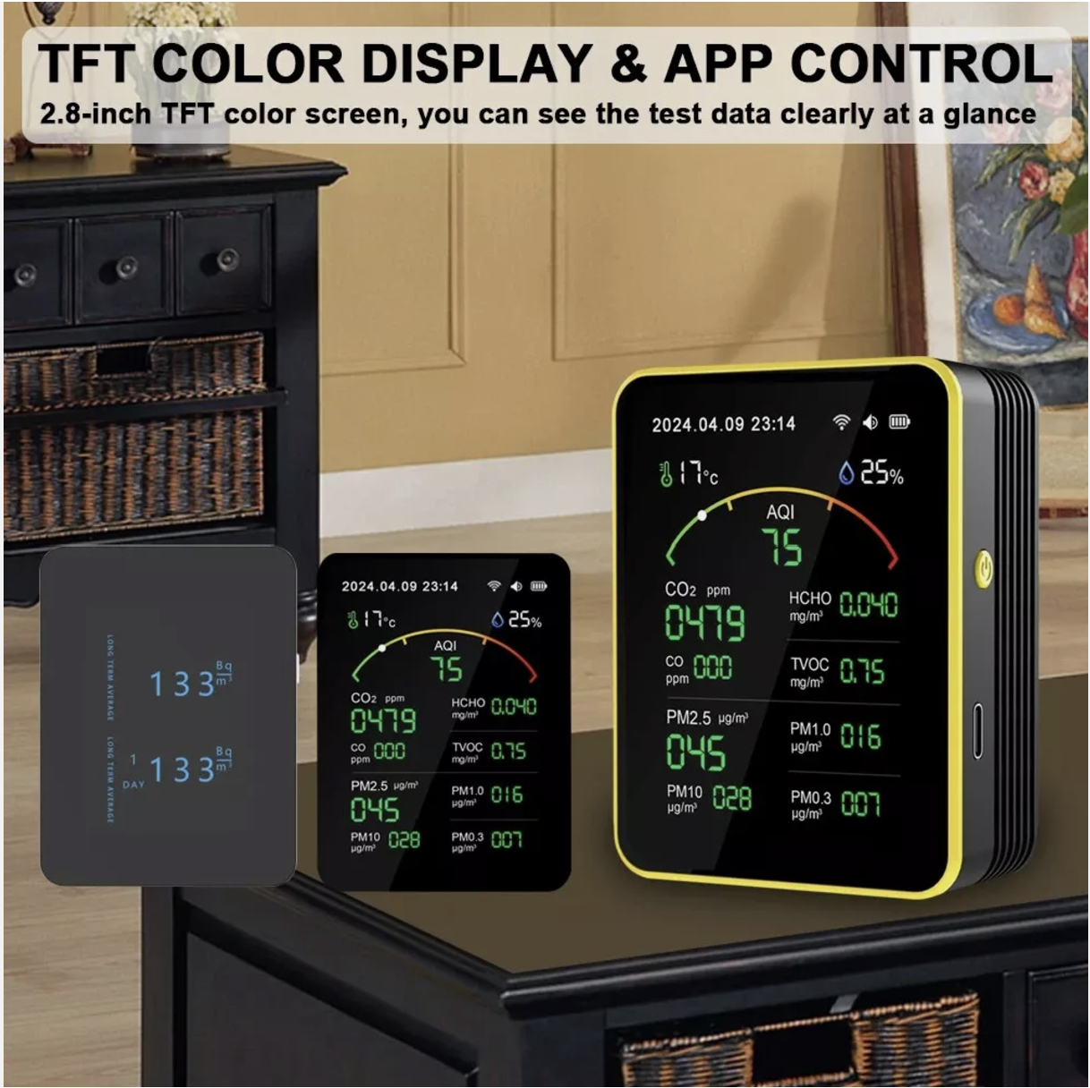 AQI CO CO2 PM0.3 PM1.0 PM2.5 PM10 Formaldehyde TVOC Temperature Humidity Meter