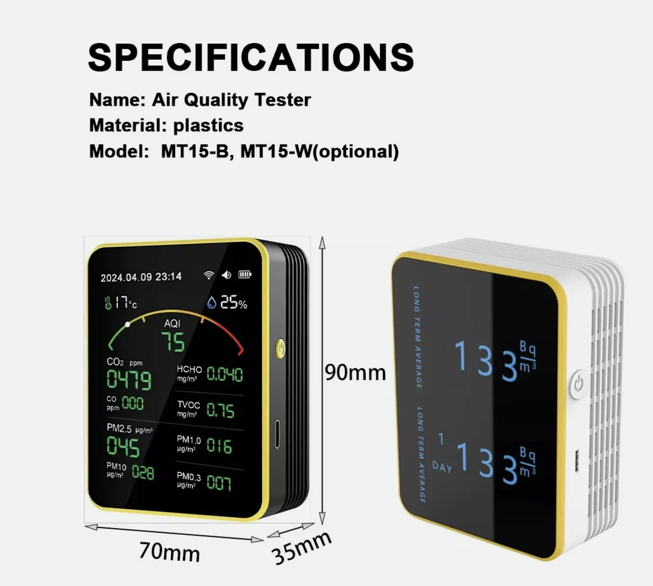 AQI CO CO2 PM0.3 PM1.0 PM2.5 PM10 Formaldehyde TVOC Temperature Humidity Meter