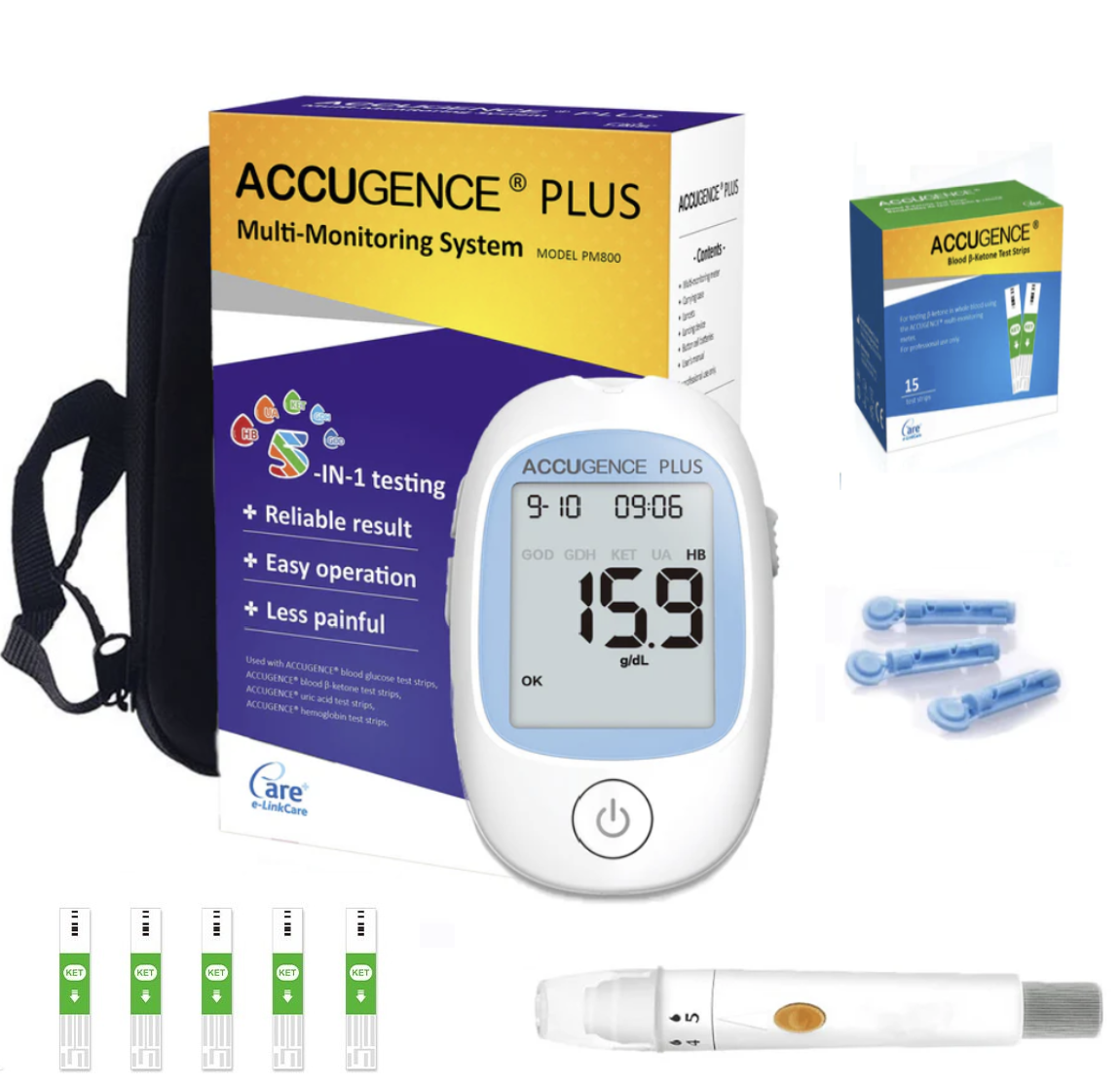 Accugence Multi-Function Blood Meter Full Starter Kit Ketone 15 Test Strips 15 Lancets