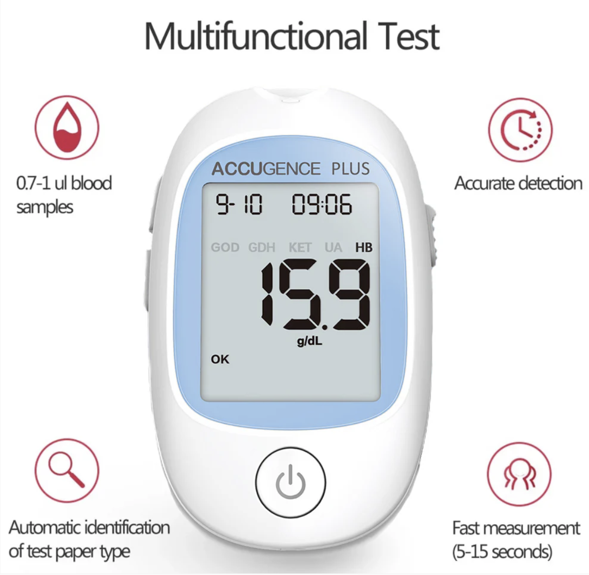 Accugence Multi-Function Blood Meter Full Starter Kit Ketone 15 Test Strips 15 Lancets