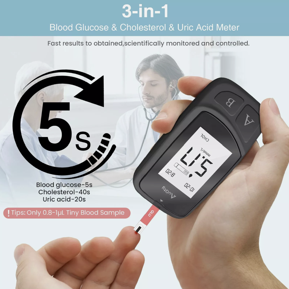 3-in-1 Blood Glucose, Cholesterol & Uric Acid Meter with Test Strips & Lancets