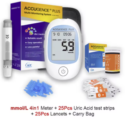 Accugence Multi-Function Blood Meter Uric Acid 25 Test Strips 25 Lancets