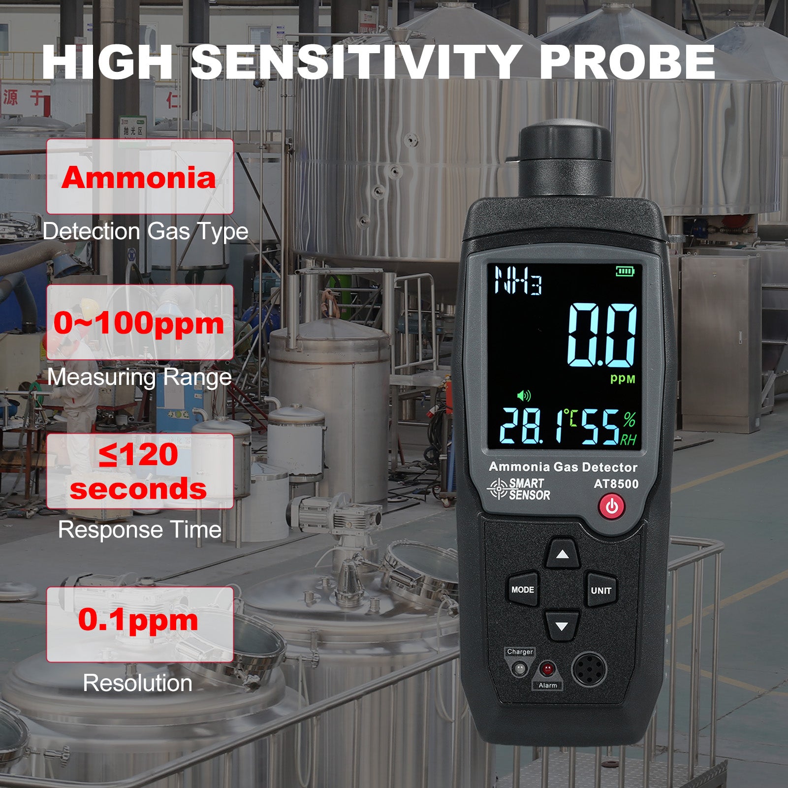 SMART SENSOR Handheld Ammonia Gas Detector Digital NH3 Gas Tester 0-100PPM | Large LCD Display