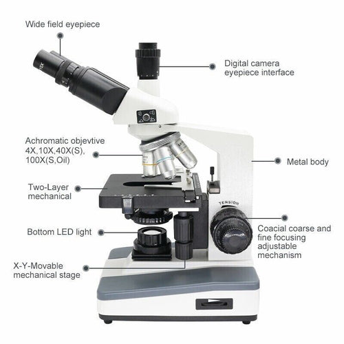 40X-1600X Trinocular Compound Microscope Professional Lab Biological Microscope