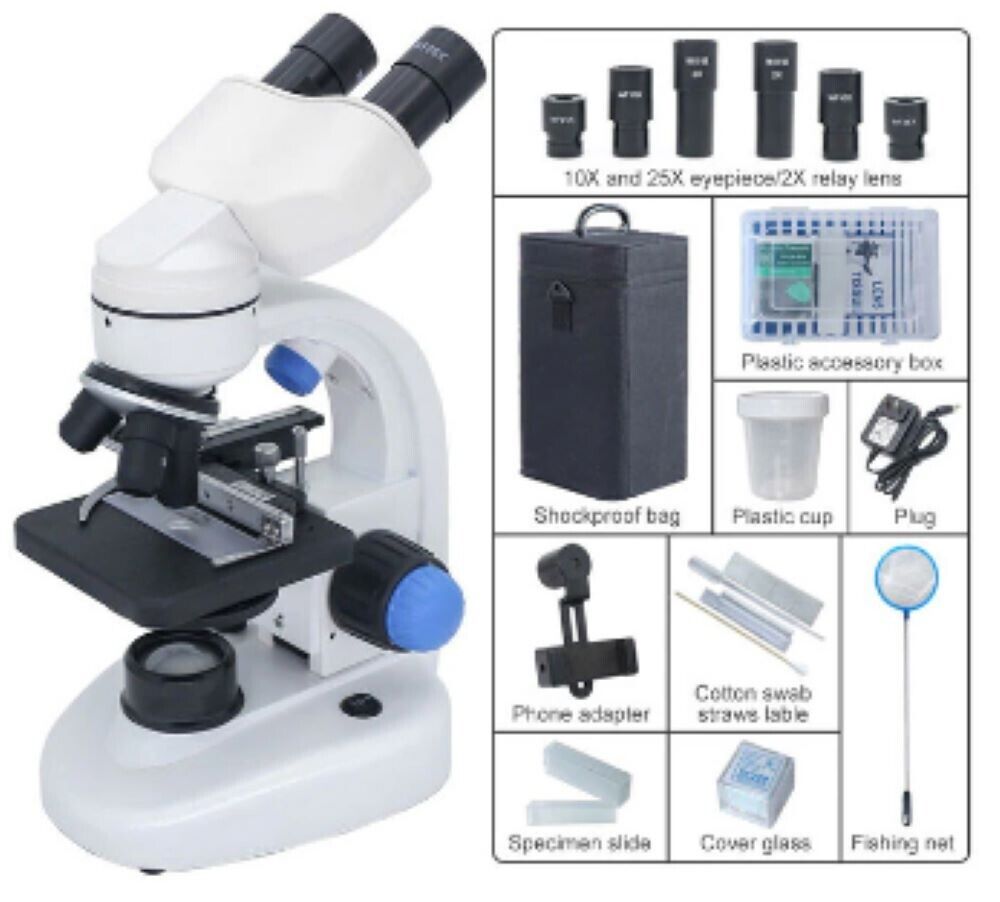 Microscope Binocular Biological 2000X Magnification LED Light