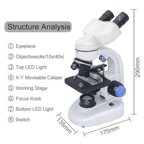 Microscope Binocular Biological 2000X Magnification LED Light