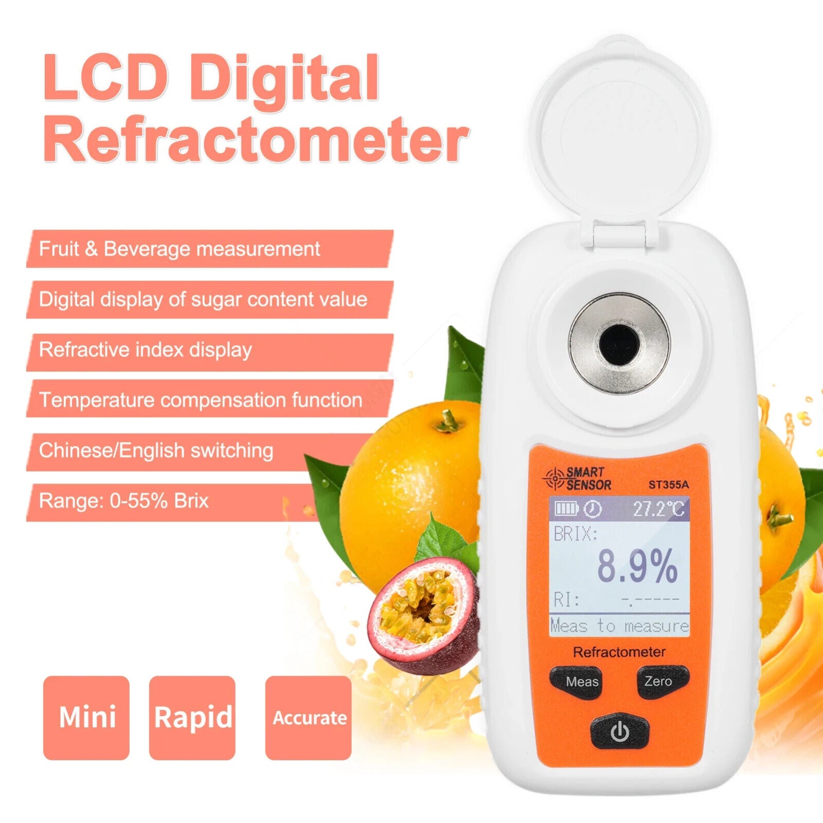 Brix 0-55% Digital Refractometer ATC Sugar Concentration Meter Tester