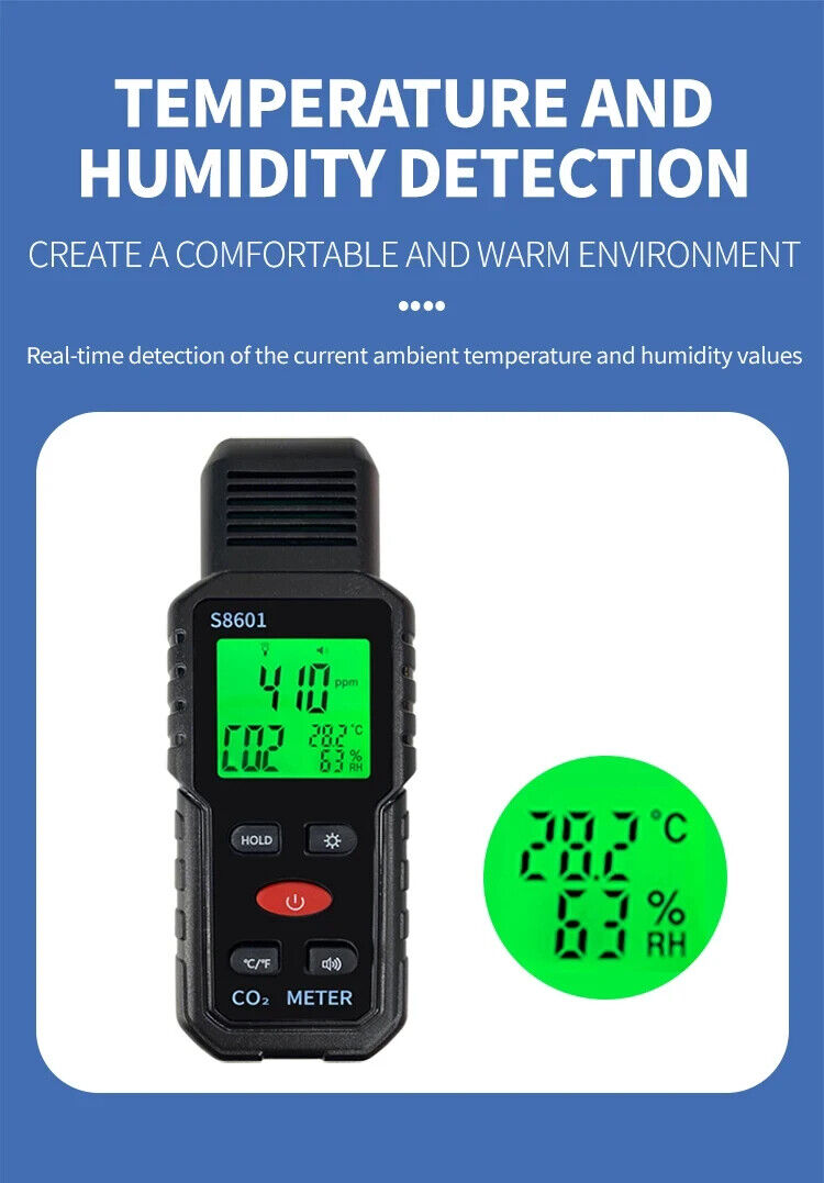 CO2 Carbon Dioxide Meter Tester Monitor Temperature & Humidity Detector