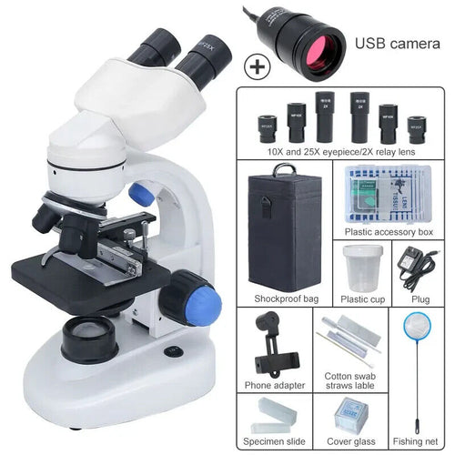 Microscope Binocular Biological 2000X Magnification LED Light & USB Camera