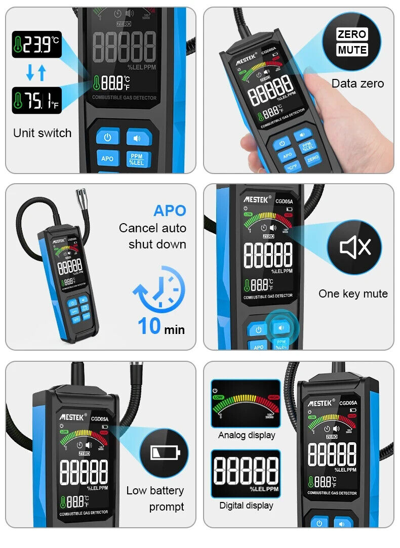 Combustible Gas Leak Detector Flammable Natural Gas Tester Meter Air Analyzer