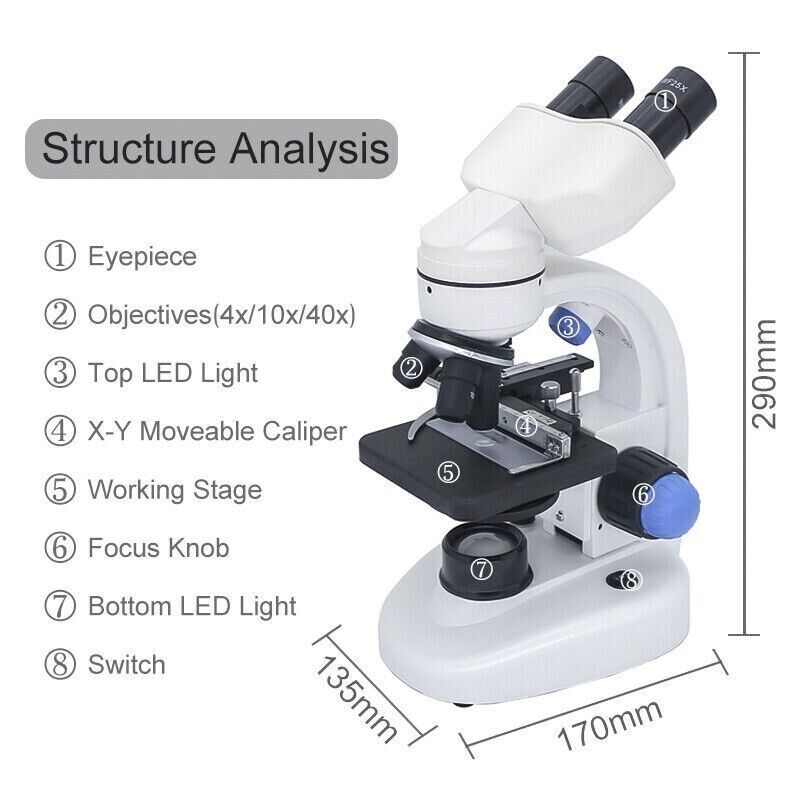 Microscope Binocular Biological 2000X Magnification LED Light & USB Camera