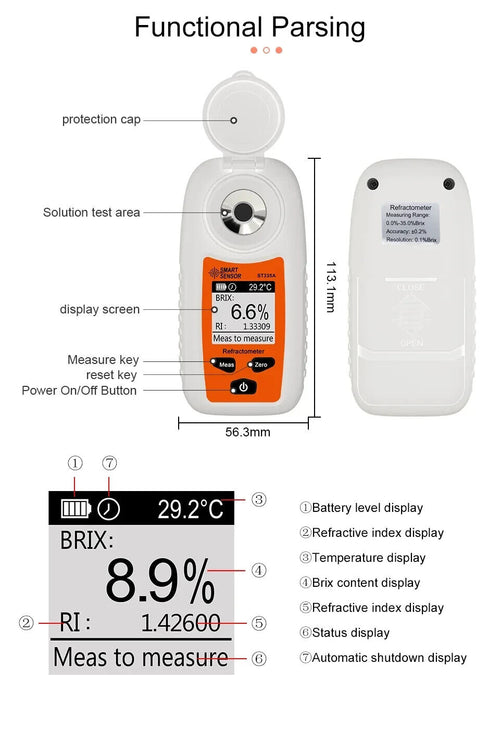 Brix 0-35% Digital Refractometer ATC Sugar Concentration Meter Tester