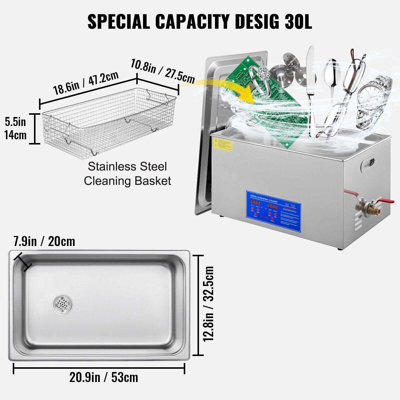 Ultrasonic Cleaning Bath 30L Digital Stainless Ultrasonic Cleaner Timer Heat