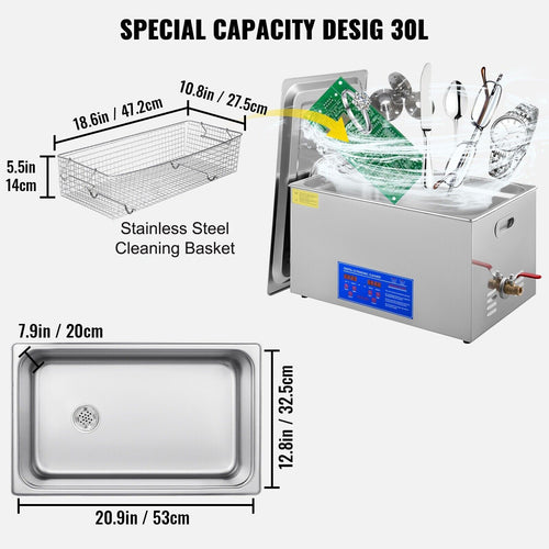 Ultrasonic Cleaning Bath 30L Digital Stainless Ultrasonic Cleaner Timer Heat