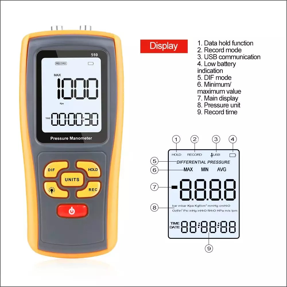 Digital Manometer Air Pressure Meter Gauge Tester GM510