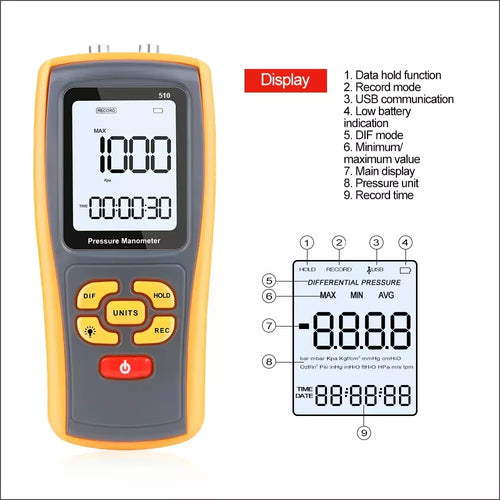 Digital Manometer Air Pressure Meter Gauge Tester GM510