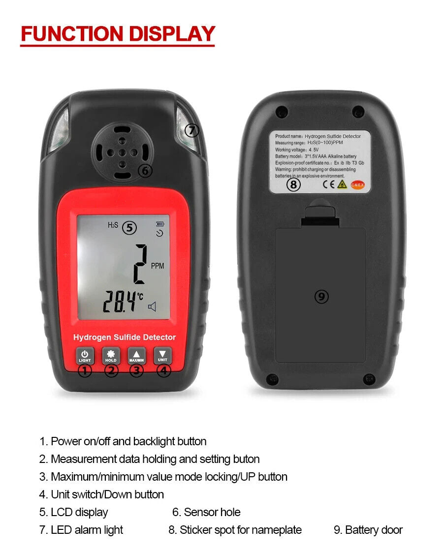 Hydrogen Sulfide H2S Gas Detector Tester Sensor Meter & Alarm Device