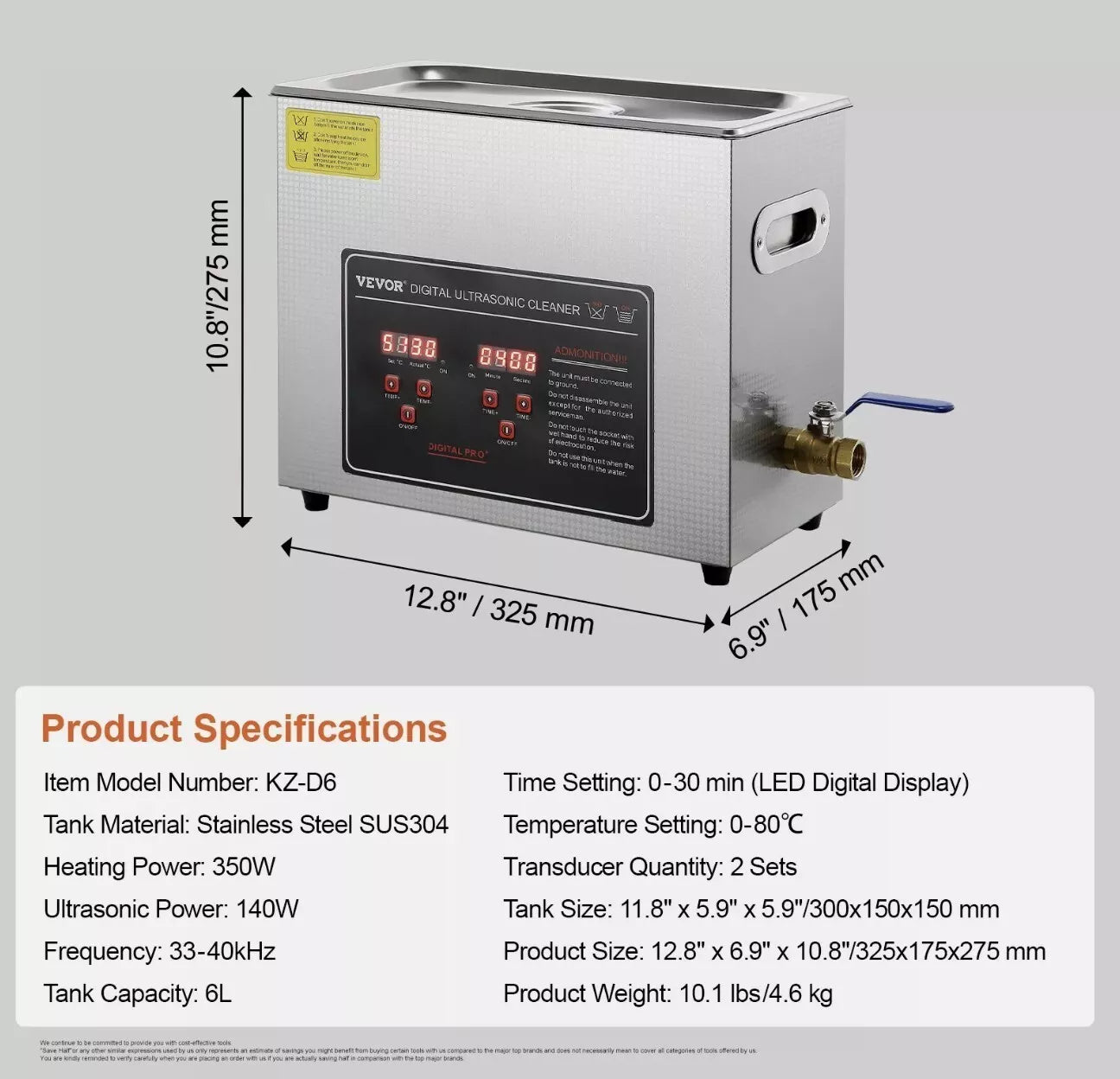 Ultrasonic Cleaning Bath 6L Digital Stainless Ultrasonic Cleaner Timer Heat