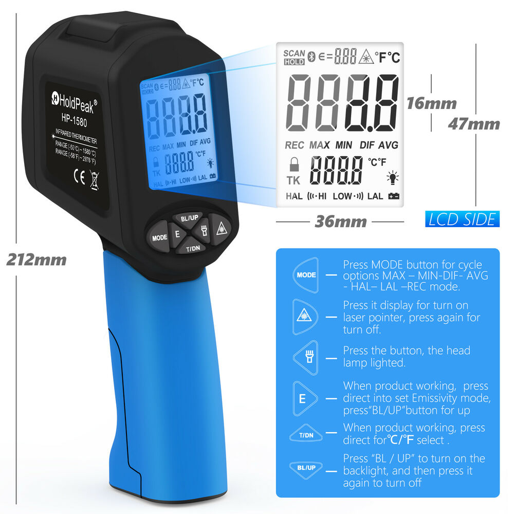 HoldPeak Infrared Thermometer -50°C to 1580°C, Non-Contact Dual Laser IR Gun