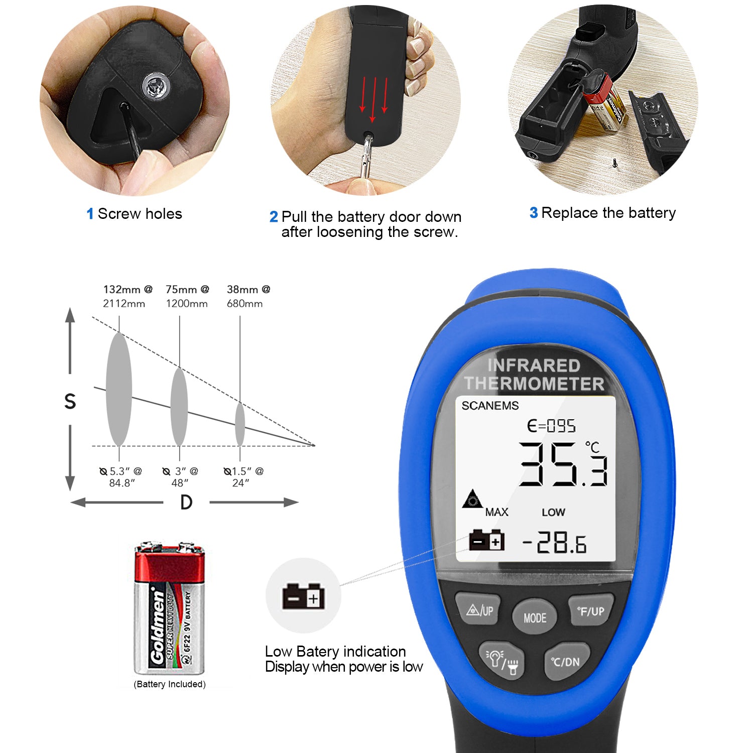 Infrared Thermometer Non-Contact 16:1 D:S Backlight & Data Storage HP-985C