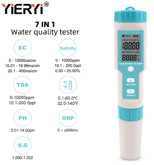 pH EC Conductivity TDS Salinity ORP SG Temp Meter 7 in 1 Monitor Tester Measures