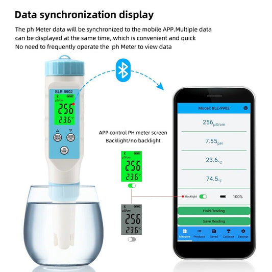 PH EC TEMP Tester Meter 3 in 1 Smart Bluetooth Data Logger Waterproof IP67