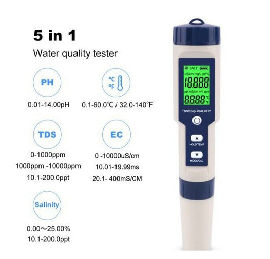 PH EC Conductivity TDS Salinity Temp 5 in 1 ATC Water Meter Monitor Tester LCD