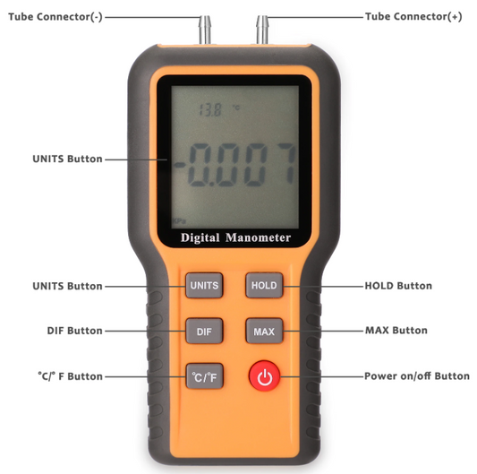 Manometer Digital Air Pressure Meter Differential Gas Tester Tool LCD Gauge